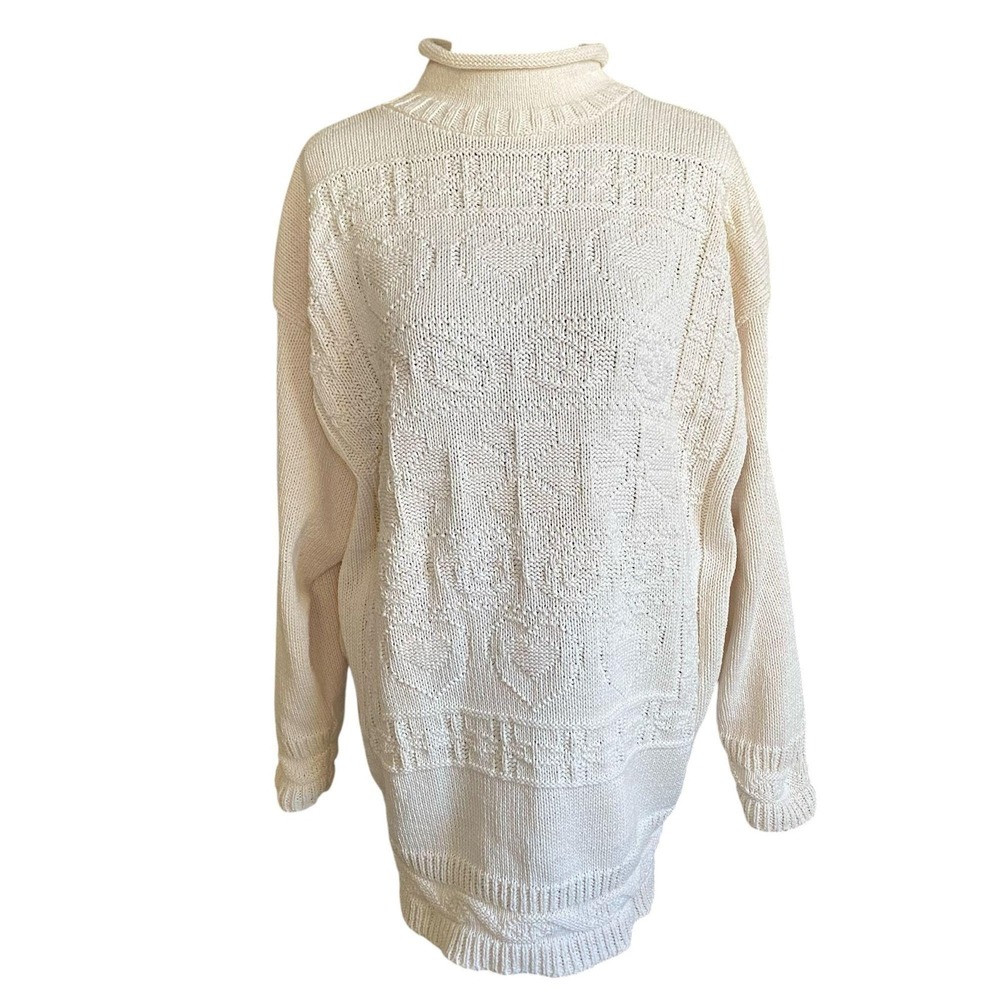 Vintage Cream Knit Tunic Sweater Women's L Heart Pattern Cottage Preppy Grunge